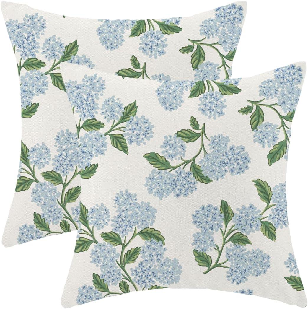 Blue Hydrangea Floral Pillow Covers 18x18 Inch Vintage Spring Flowers Throw Pillow Covers Set of 2 Vintage Seasonal Summer Outdoor Pillow Cases Home Decor for Living Room Bedroom Linen Square Cushion