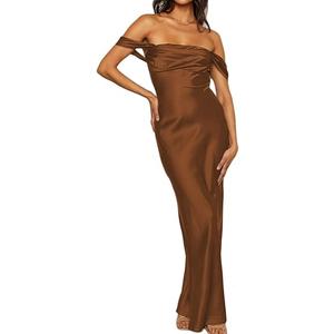 Realtix Elegant Satin Off The Shoulder Ruched Backless Maxi Dress for Women Strapless Tube Sleeveless Bridesmaid Dresses, S
