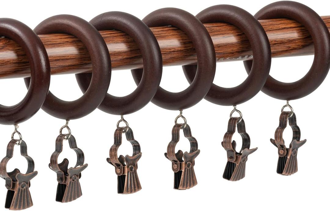 12 Packs Wooden Curtain Rod Rings with Drapery Clips,Retro Brown Farmhouse Beech Wood Drapes Rings 1.77 Inch Interior Diamete for 1.3-1.5 inch Curtain Rod Pole