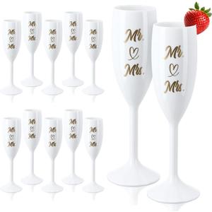 12 Pcs Mr and Mrs Champagne Flutes Bulk for Bridal Party Supplies Acrylic Goblet 5 oz Wine Glasses Toasting Drinking High Stem Unbreakable Reusable Plastic Cups for Wedding Bridal Party