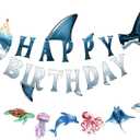 Shark Happy Birthday Banner Shark Garland Ocean Animals Party Decorations Hanging Wall Decor for Kids Boys Beach Under The Sea Birthday Baby Shower Shark Party Supplies