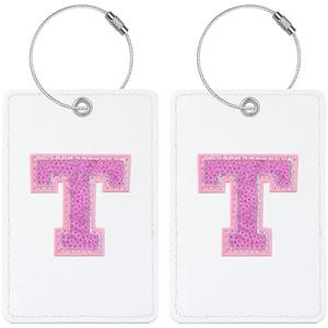 Sodsay 2 PCS Initial Luggage Tag, Luggage Tags for Suitcases Cute Sequin Letter PU Leather Travel Bag Baggage Tags ID Label with Steel Loops for Women Kids Teens (T, White Leather+Hot Pink Letter)