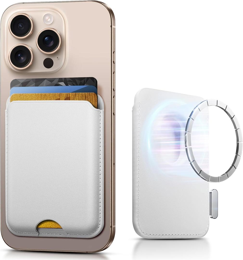 Stronger Magnetic Wallet for iPhone 17/16/15/14/13/12 Series & for MagSafe Cases | N52 Magnet RFID Blocking Leather Magnetic Card Holder with Powerful Magnets | Holds 3 Cards | White