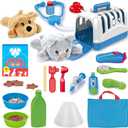 34-Piece Kids Pretend Vet Playset, Veterinarian Role Play Doctor Toy Kit with Plush Dog & Cat, Pet Care Grooming Set with Carrier & Medical Tools