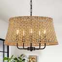 YOMECOO Hand-Woven Rattan Chandelier Vintage Farmhouse Boho Bamboo Chandeliers Light Fixture Retro Drum Wicker Rattan Black Chandelier for Dining Room, Kitchen, Living Room