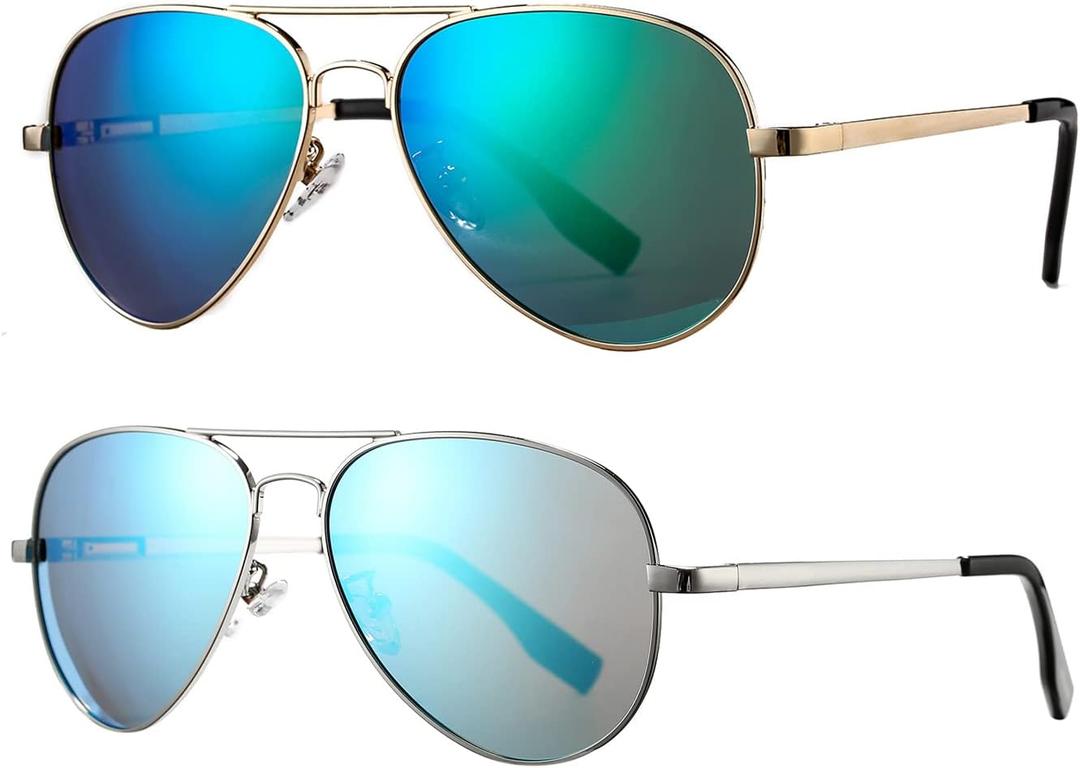 HJSTES Polarized Aviator Sunglasses for Women Men Classic Metal Shades Mirror Lens 100% UV Blocking, 58mm (2 Pack(silve/Blue Mirror, Gold/Green Mirror))
