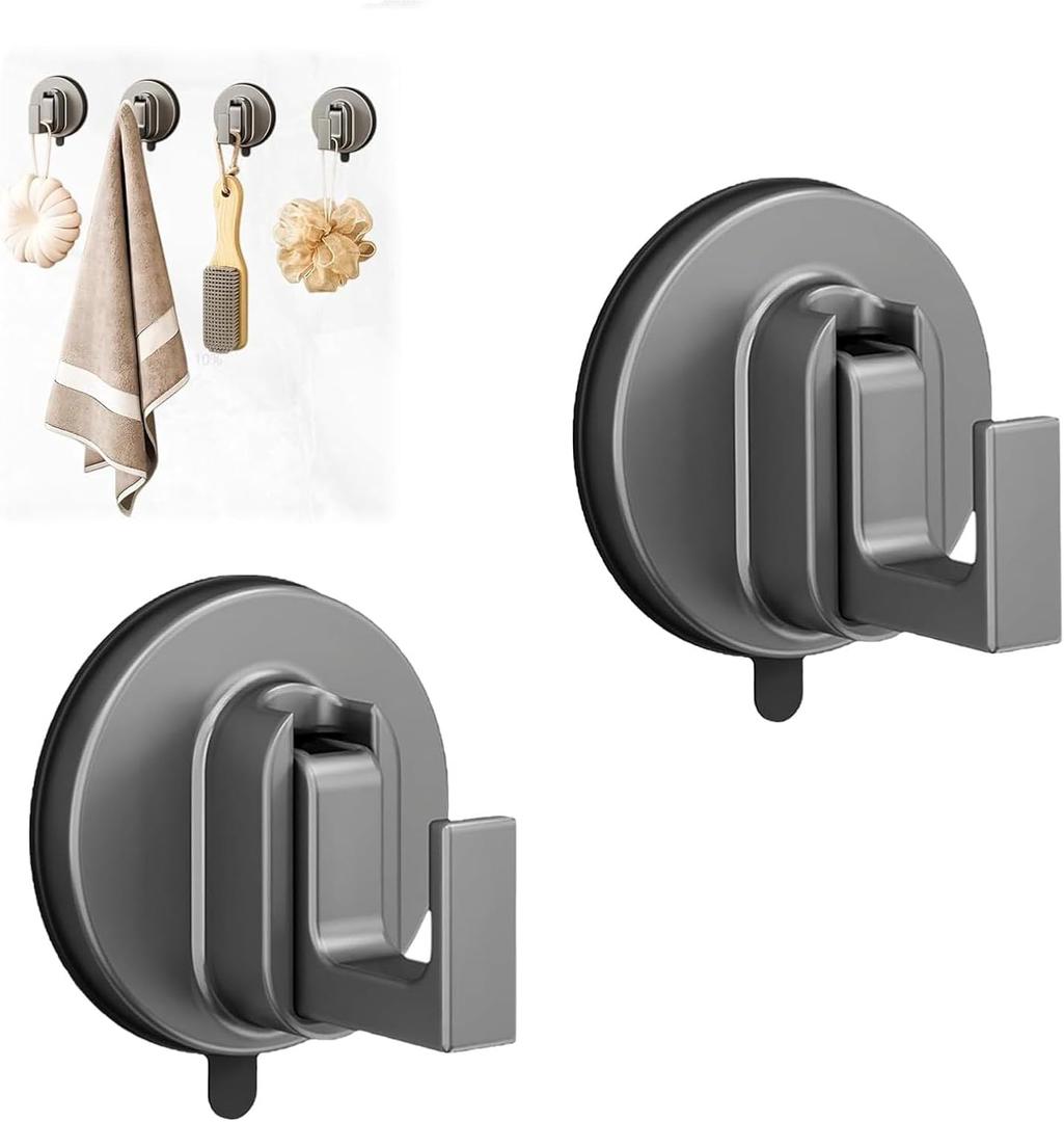 2PCS Suction Cup Hooks, No Drill Wall Mounted Towel Hooks for Bathroom Shower Tile Glass, Strong Hold Adhesive Free Hooks for Towels Robes Wreaths Coats Clothes Organization