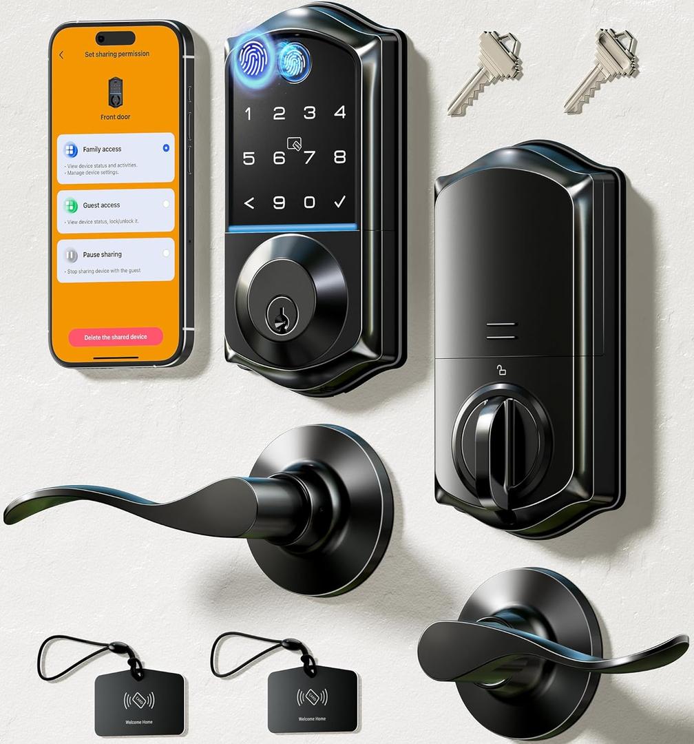 Veise VE017-L Fingerprint Smart Lock with Lever Handles, App Control, Keyless Entry Front Door Lock Set, Electronic Digital Keypad Deadbolt, Remote Grant, Emergency Power Port, Auto Lock, Matte Black