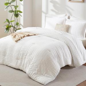 CozyLux Full Size Comforter Sets with Sheets 7 Pieces, White Seersucker Bed in a Bag Textured Luxury Soft Bedding Set with Down Alternative Comforter, Sheets, Pillowcases & Shams for All Seasons