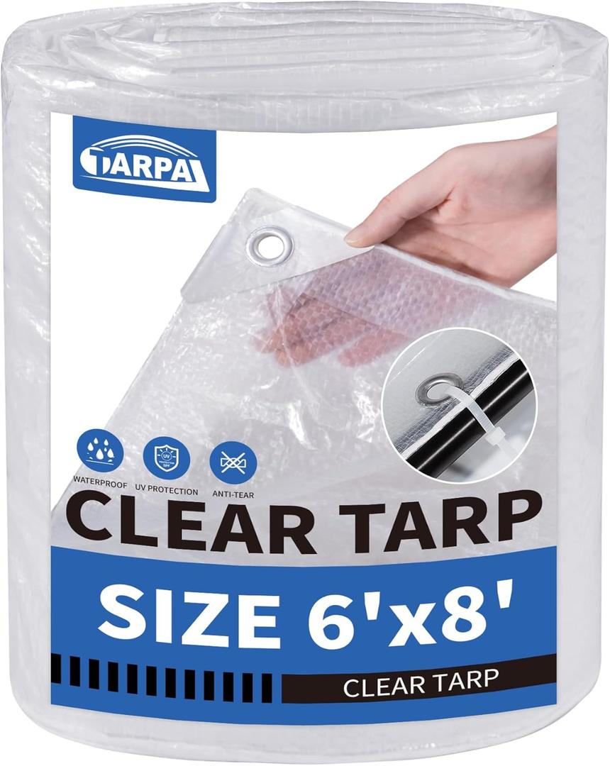 TARPAL Semi Clear Tarp 6x8ft Small Tarp Waterproof Clear Plastic Tarps with Grommets and Reinforced Edges for Patio,Porch and Outdoor Plant,Chicken Coop,Garden,Cat Litter (6x8FT-Finished Size)