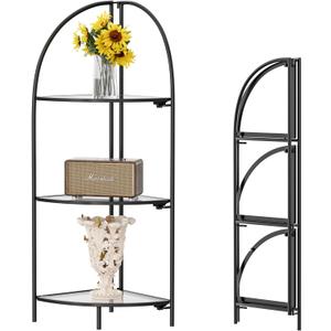 Crofy Foldable 3 Tier Corner Shelf, Metal Corner Plant Stand with Black Frame and Transparent Shelves, Corner Display Rack Multipurpose Shelving Unit for Living Room, Bedroom, Bathroom