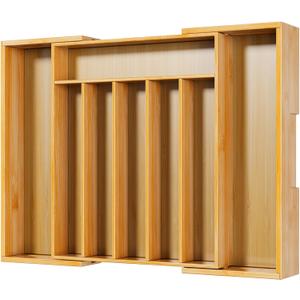 Kitsure Large Bamboo Silverware Organizer - Expandable Drawer Organizer for Utensil, Cutlery and Flatware, Kitchen Storage Solution with 6 to 8 Slots, Natural, 19.4"  13.1"  1.8"
