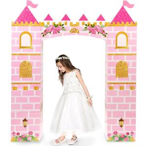 WERNNSAI Pink Princess Cardboard Castle Playhouse - 58.2" Large DIY Foldable Castle Backdrop Princess Birthday Party Decorations for Girls Photo Booth Baby Shower Decorations