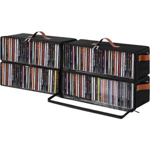 Clear Front CD Storage Box 4 Pack, Dustproof Zippered CD Case Holder with Top & Side Handles, Stores 140+ Discs Total, See All Disc Titles at a Glance, 15.75 x 6.1 x 5.3in, Black