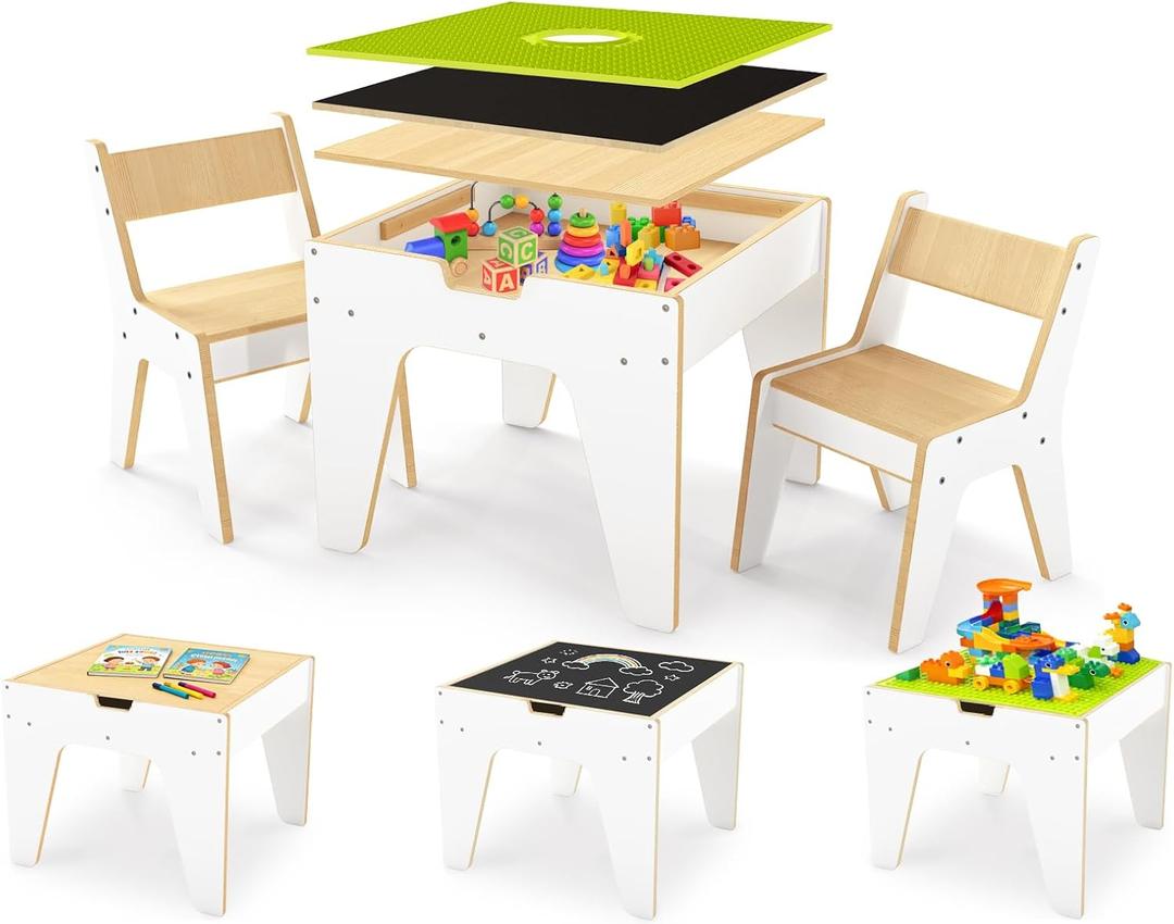 WINGYZ 4-in-1 Wooden Kids Activity Table and 2 Chairs, Ages 2-12 & 4-8 Building Blocks Construction Sensory Table with Storage, Spacious Kids Learning Desk, 22'' D x 21''W x 18''H