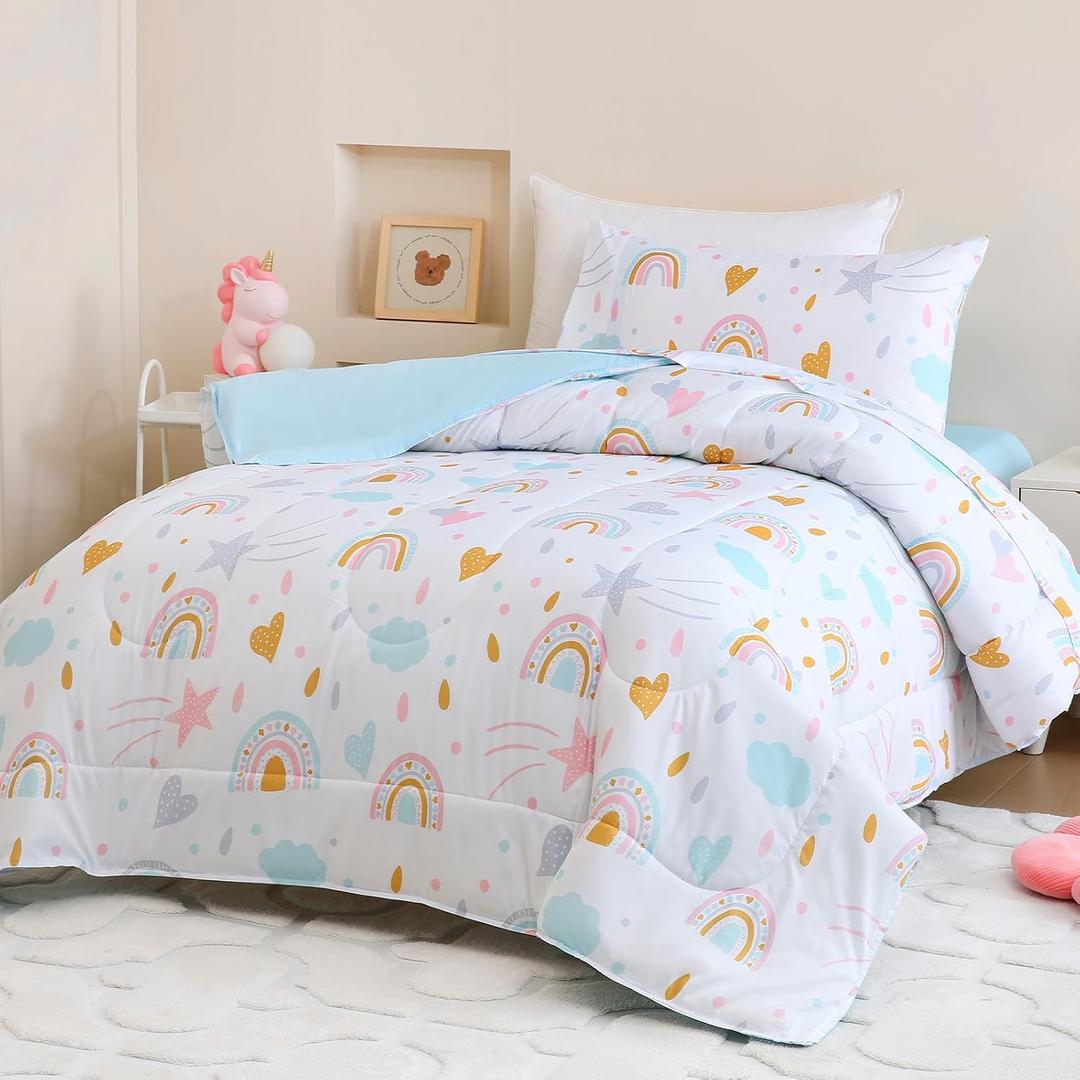 Toddler Size Sky Blue Comforter Set for Kids, Toddler, Boys&Girls, 4 Pieces Bed-in-a-Bag Bedding Set, All Season Ultra Soft Oeko TEX Sheets Set with Comforter, (Rainbow)