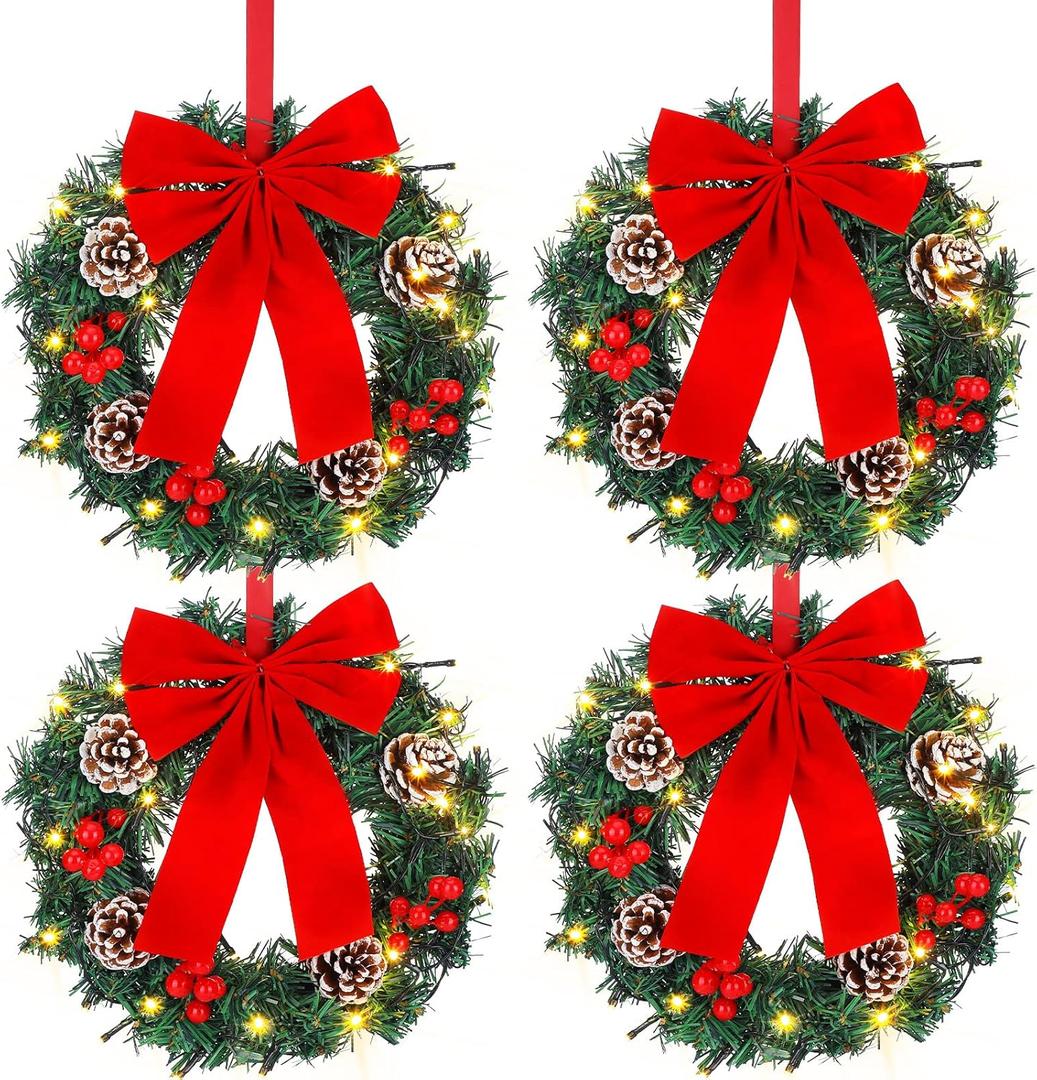 4 Pcs Lighted Christmas Wreaths, 12 Inch Pre Lit Small Xmas Wreath with Large Bow, Pine Needle Wreath with LED Lights Battery Operated Xmas Ornaments for Front Door Wall Christmas Party Decor(Red)