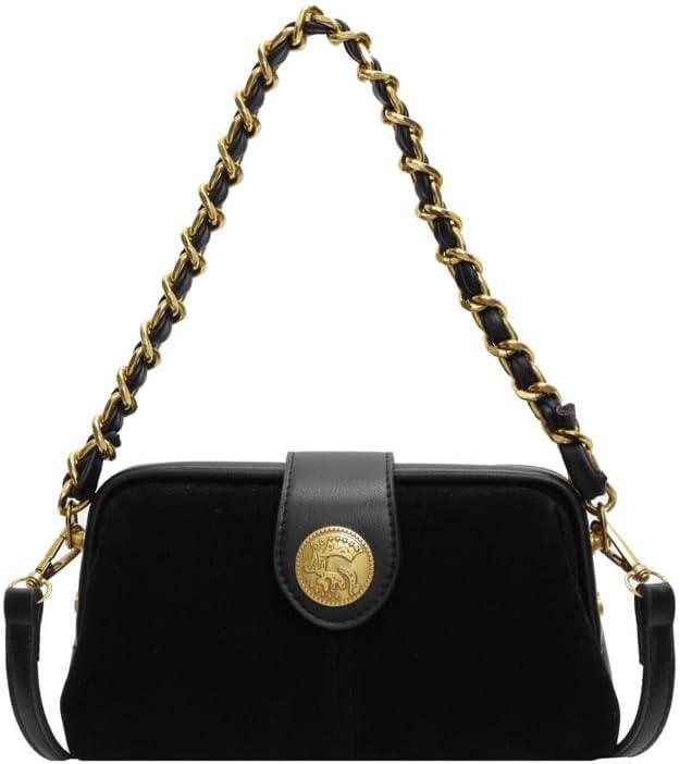 Retro Suede Mini Purse with Gold Chain Handles for Women Shoulder Purses with Crossbody Strap Small Square (Black)