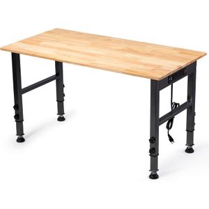 48" Height Adjustable Workbench, 2000 LBS Load Capacity Rubber Wood Top Workstation with Power Outlet and Foot Pads, Heavy-Duty Hardwood Worktable for Garage Workshop (with Foot Pads and Socket,48'')