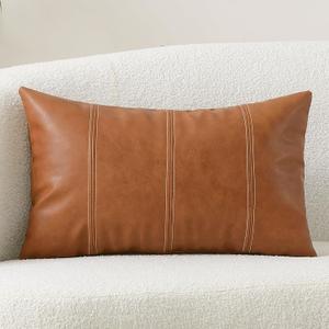 Faux Leather Lumbar Decorative Throw Pillow Cover 12x20 Cognac Brown Modern Farmhouse Boho Small Accent Rustic Home Decor Rectangle Cushion Cases for Couch Bed Sofa Living Room
