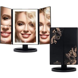 Impressions Vanity Hello Kitty Mirror with Lights, Trifold LED Tri Tone Makeup Mirror with Touch Sensor and Three Adjustable Mirror Panels, Handheld Magnifying Makeup Mirror (Black)