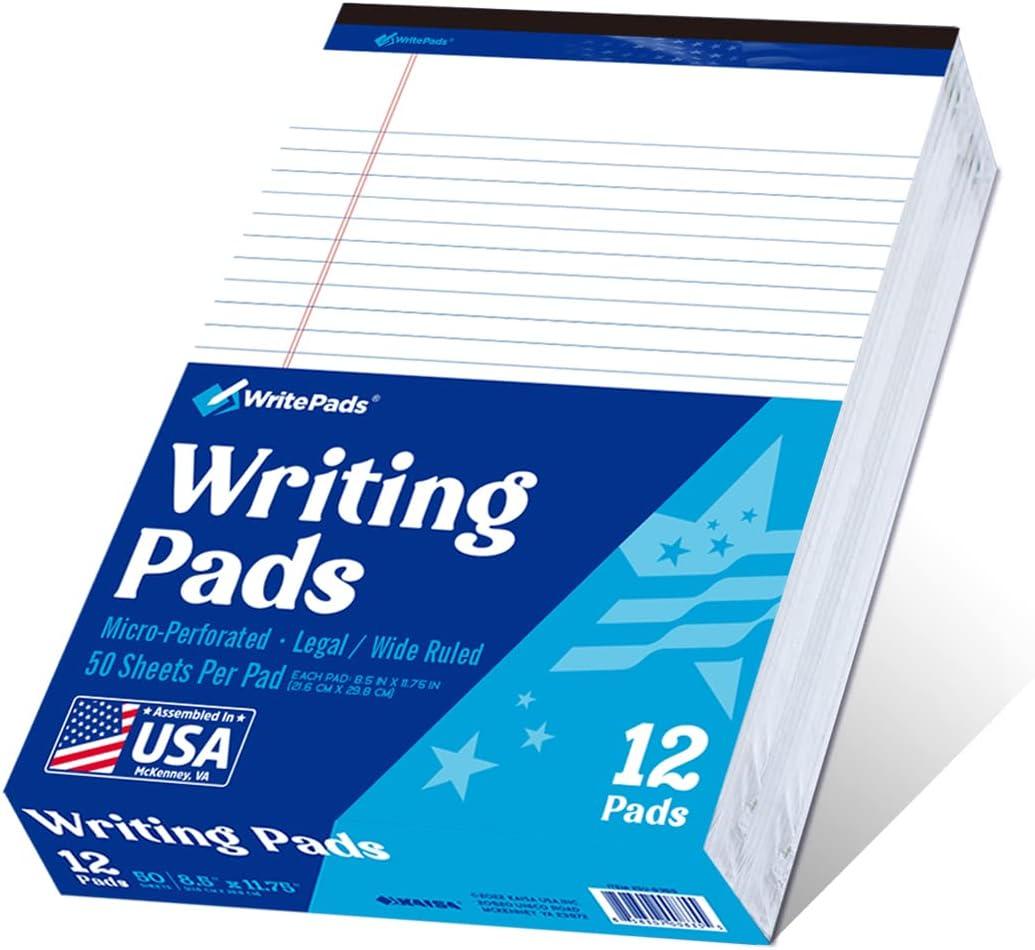 Legal Note Pads 8.5"x11" Legal Pads,Wide Ruled,White Paper,12 Pack,50 Sheets Per Writing Pad,Micro Perforated Writing Pad,BL-MWT50W-12PAD