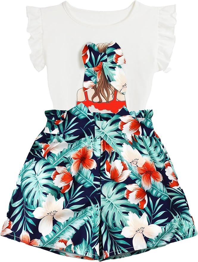 EuquixZeph Toddler Girl Clothes 2 Piece Girls Outfits Set Print Bow Top and Belted Ditsy Floral Shorts for Spring Summer, 7-8 Years