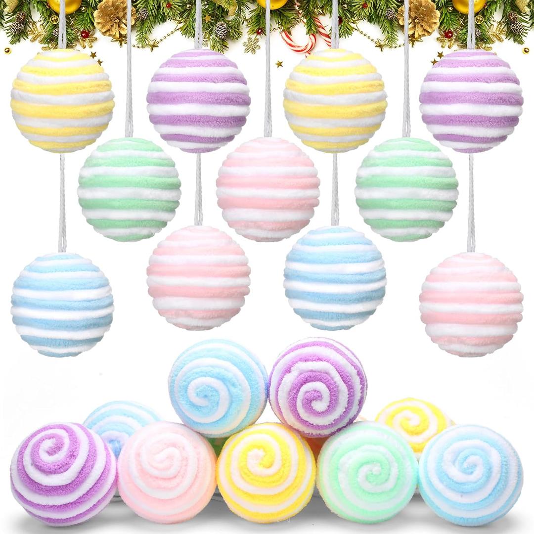 Syhood 12 Pcs Pastel Candy Christmas Ornaments 2.36'' Fluff Peppermint Christmas Ornaments Decoration Candy Ball for Tree Decoration Bowl Basket Vase Fillers