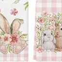 Artoid Mode Pink Buffalo Plaid Bunny Rabbit Flower Easter Kitchen Towels Dish Towels, 18x26 Inch Seasonal Decoration Hand Towels Set of 2