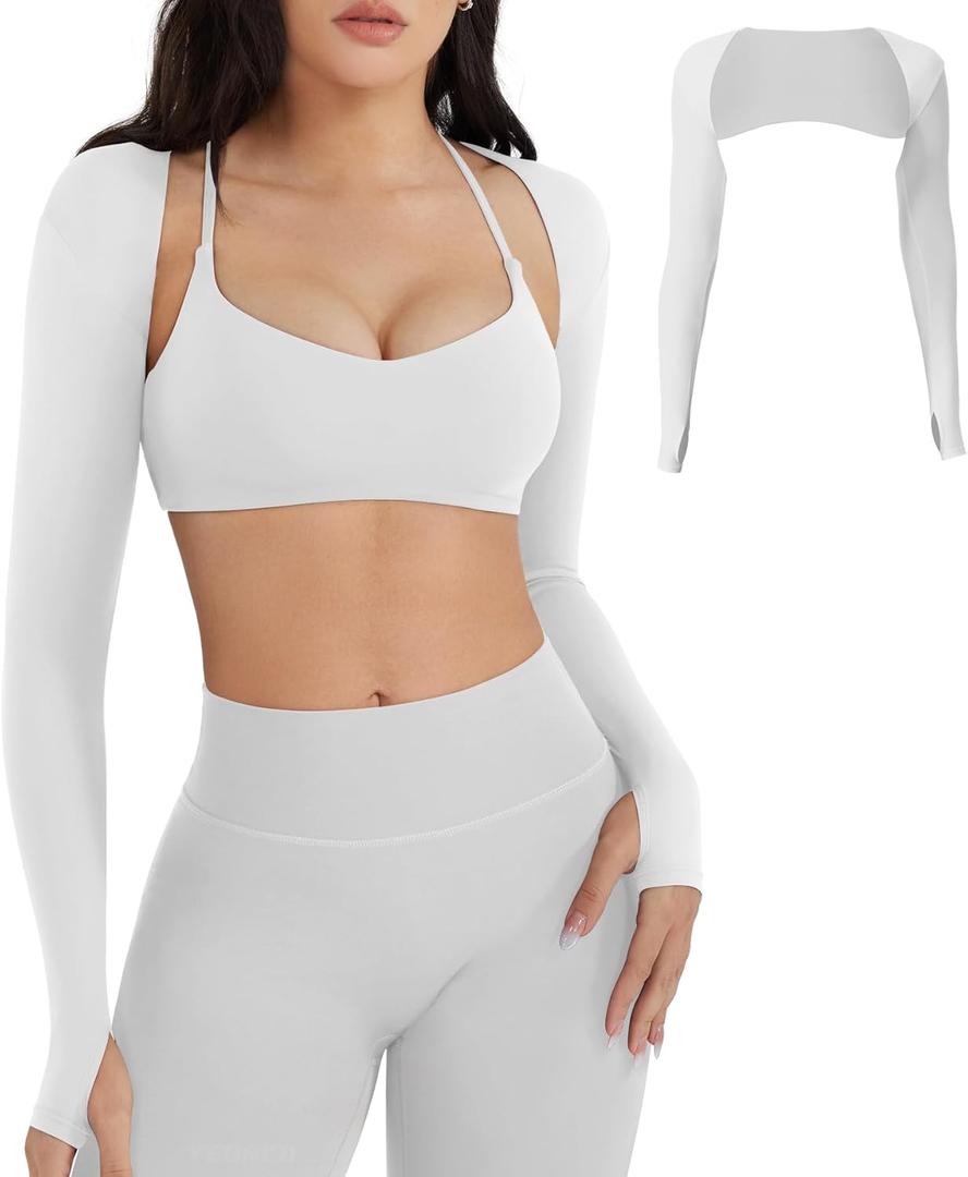 YEOREO Women Crop Top Long Sleeve Bolero Open Front Workout Cropped Shirts Sports Shrug (Small, White)