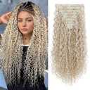 FLUFYMOOZ 9PCS Clip in Hair Extensions 22 Inch Curly Hair Extension Long Soft Synthetic Hairpieces for Women(Blonde with White Blonde Highlights)