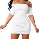 GOBLES Women's Summer Short Sleeve Sexy Bodycon Ruched Mini Party Dress (Red)