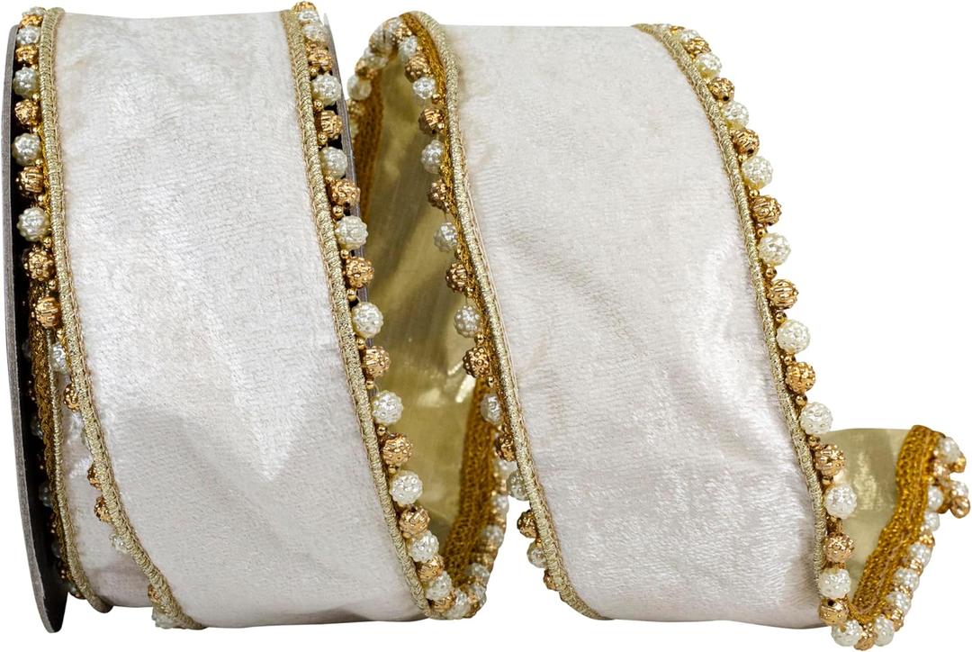 Reliant Ribbon Velvet Trimming Ornamental Deluxe Metallic Backed Wired Edge Ribbon, Ivory