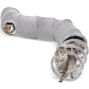 S-2-Way Cat Tunnel for Indoor Cats - 59x10Inches,Collapsible Play Tunnel, Interactive Toy with 2 Hidden-Exits&Hanging Balls, Cat Spiral Tunnel for Cats, Puppy, Kitty, Kitten, Rabbit (Gray)