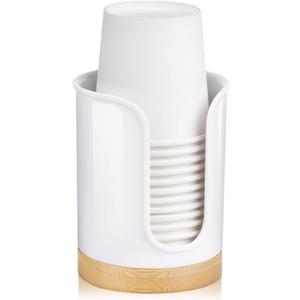 Bathroom Cup Dispenser - Small Cup Holder for Dixie 3 oz Bathroom Cups, Mouthwash Cups, 3 4 Ounce Cup Dispenser - PC/Bamboo, White, Pack of 1 (Fits most 3-4oz cups(cup top diameter  2.5inch), White/Bamboo/1Pack)