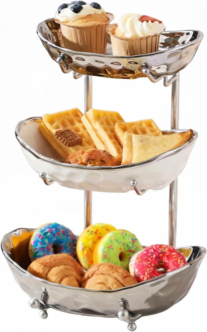 YYW 3 Tier Fruit Bowl for Kitchen Counter, White Gold Silver Ceramic Fruit Stand for Countertop, Home Fruit Rack with Metal Holder, Vegetable Snacks Nuts Bread Candy Storage (Silver)