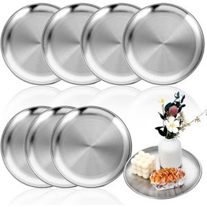 8 Pcs Silver Tray, Round Decorative Serving Bar Dish Key Bowl Mirror Dresser Decoration Vanity Tray Jewelry Makeup Organizer for Bathroom Candle Perfume Countertop (9 Inch)