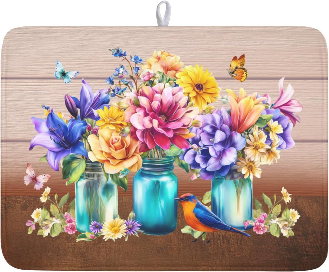 Spring Colorful Flowers Dish Drying Mat for Kitchen Counter,Vintage Plants Mason Jar Butterflies Drying Mat 18 x 24 Inch with Absorbent Reversible Microfiber Dish Drying Pad for Coffee Bar