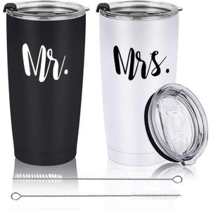 Mr and Mrs Tumbler Set of 2 Stainless Steel Travel Tumbler Ideas for Newlyweds Couples Wife Bride To Be Newly Engaged Bridal Shower, Insulated Travel Tumbler for Wedding Engagement(20 oz, Black&White)