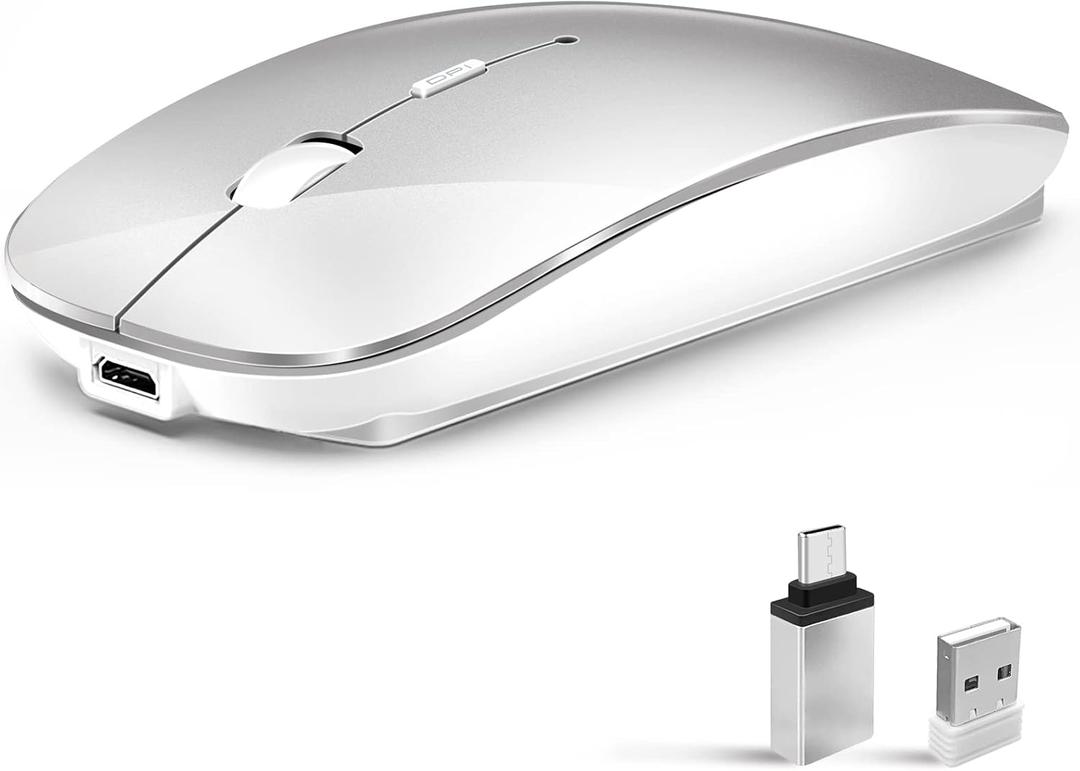 Wireless Mouse for Laptop, Bluetooth Mouse for MacBook Pro/Air/Mac/iPad/Chromebook/Computer -Rechargeale Dual Mode(USB 2.4Ghz + Bluetooth 5.2) Silent Cordless Mice with USB C Adapter,Silver