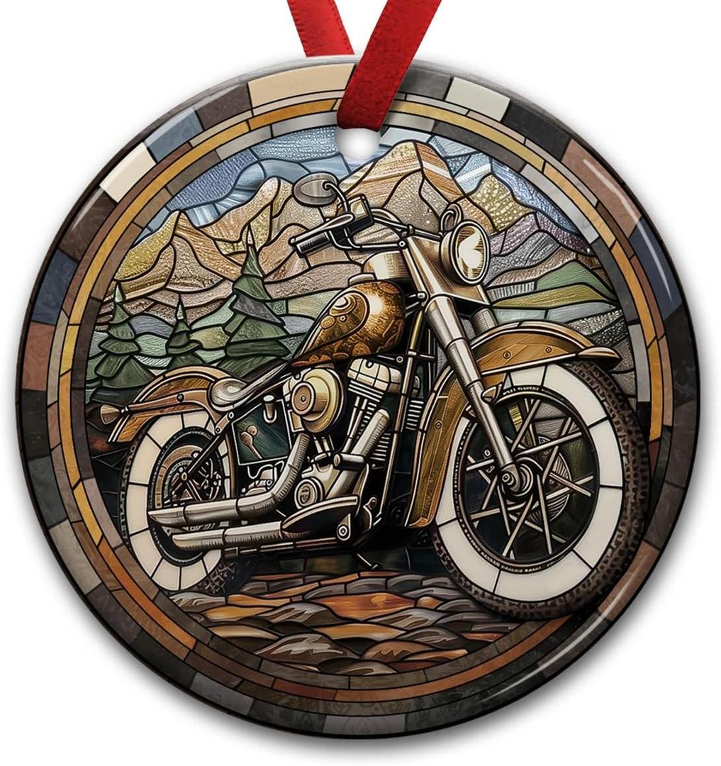 Motorcycle Ceramic Christmas Ornaments - Hanging on Xmas Tree - Biker Gifts for Motocross Lovers, Men, Women
