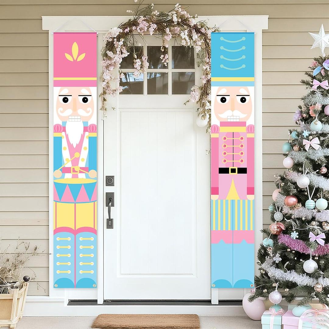 Gilprop 2 Pcs Nutcracker Christmas Porch Banner Decorations Pink Nutcracker Sign, Pastel Christmas Welcome Sign for Front Door 12" x 71" Candyland Xmas Door Hanging Banner Soldier Model Decor for Xmas