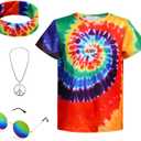 70s Hippie Costume for Kids Colorful Tie Dye Shirt Boys Girls 4Pcs Accessories Set for Halloween Party Cosplay (X-Small)