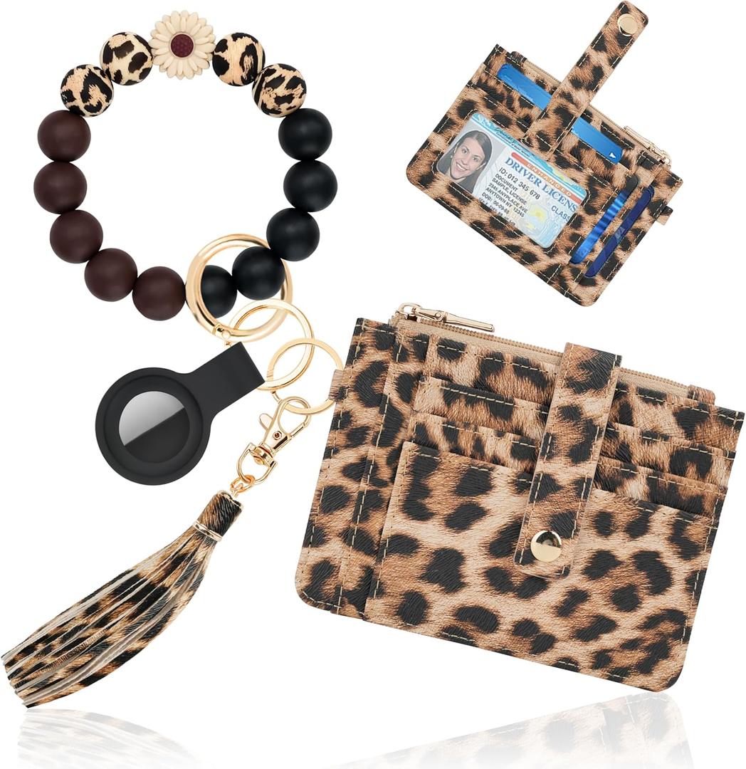 Wristlet Wallets for Women Cute Keychain Wallet with AirTag Holder RFID Small Credit Card Holder Boho Beaded Wallet Keychain WristletLeopard