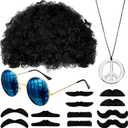 WILLBOND Hippie Afro Wig Disco Accessories Costume Set Sunglasses Peace Sign Necklace Moustache for 50/60/70s Retro Theme Party (Black)