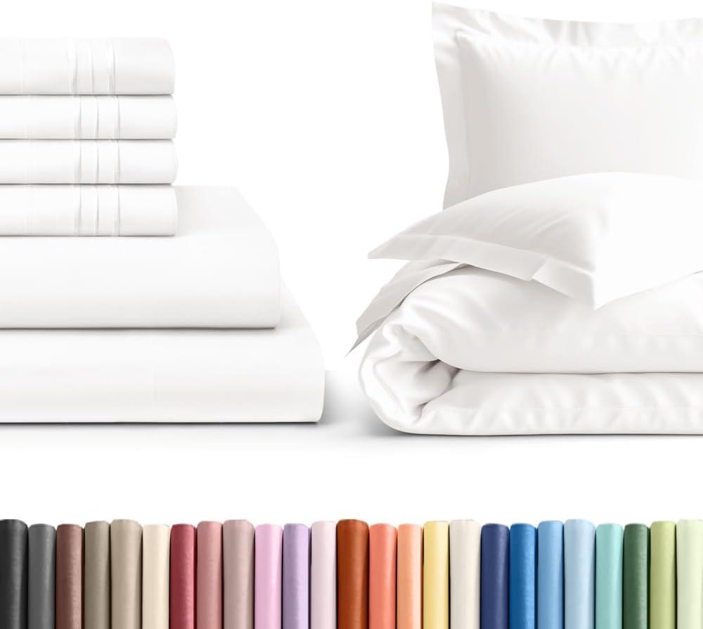 6 Piece Antique White Queen Bed Sheet Set with Duvet Cover - 21” Extra Deep Pockets - 1 Flat, 1 Fitted Sheet & 4 Pillowcases - Oeko-TEX - Ultra Soft & Wrinkle Free - Hotel Luxury Bedding - Easy-Care