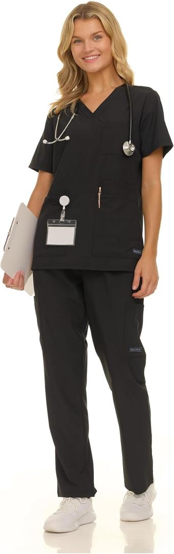 Nautica Women's Scrub Set, 9-Pocket Breathable & Stretchy Pants & Tops, Black XL