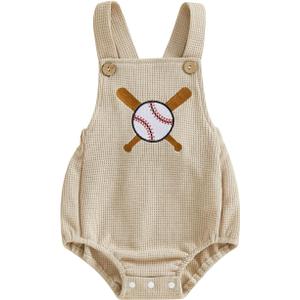 VSQWLZT Newborn Infant Baby Boy Summer Outfits Sleeveless Strap Romper Waffle Bodysuit One Piece Golf Onesie Clothes (Ivory Baseball, 3-6 Months)