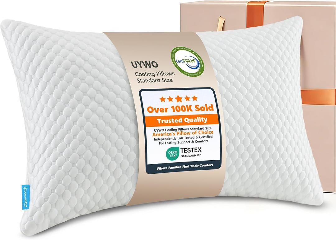 UYWO Cooling Memory Foam Pillows Firm and Soft, Standard Size 1 Pack, Original Adjustable Pillows for Side, Back or Stomach Sleepers with Removable Washable Cover