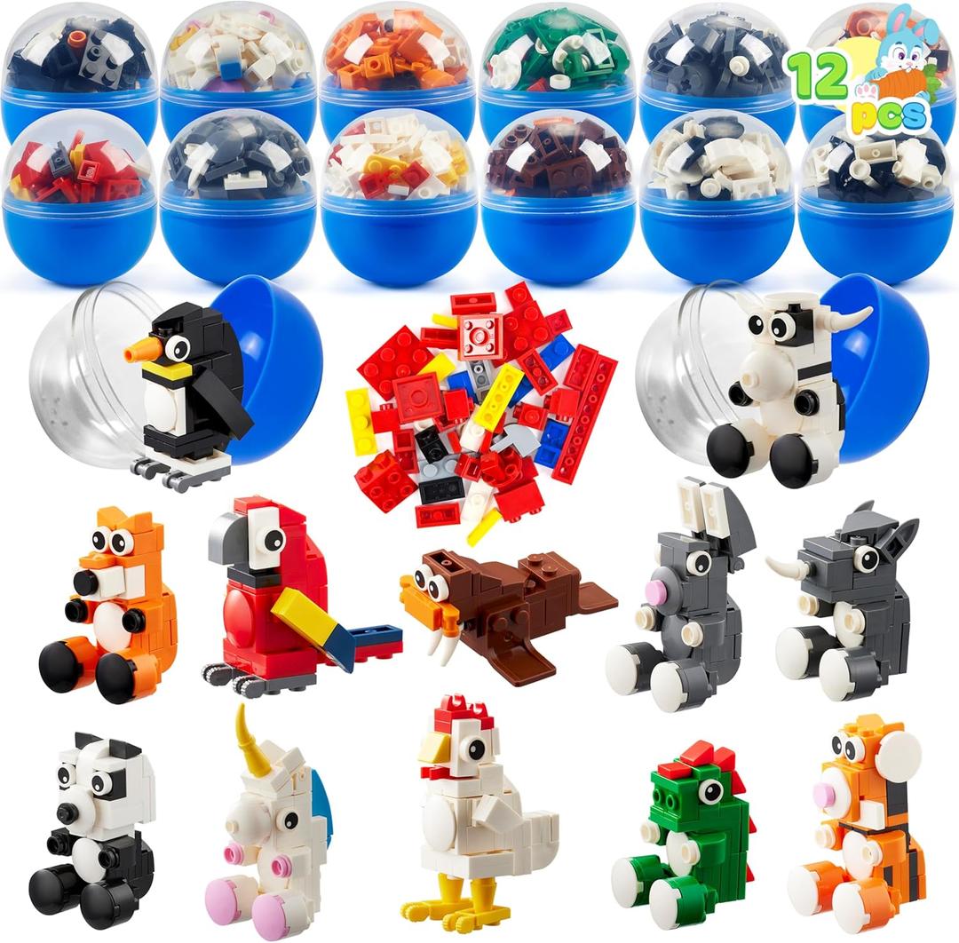 JOYIN 12 Pcs Easter Eggs Hunt Prefilled with Adorable Animal Building Blocks for Easter Party Favors, Easter Basket Stuffers, Classroom Prize Supplies
